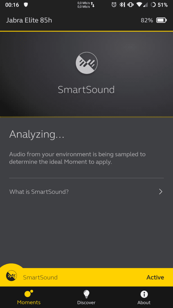 Jabra Elite 85H okno analizy dźwięku SmartSound po uruchomieniu