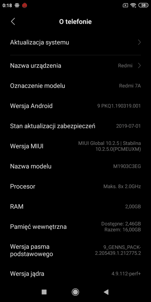 Xiaomi Redmi 7A zrzut ekranu