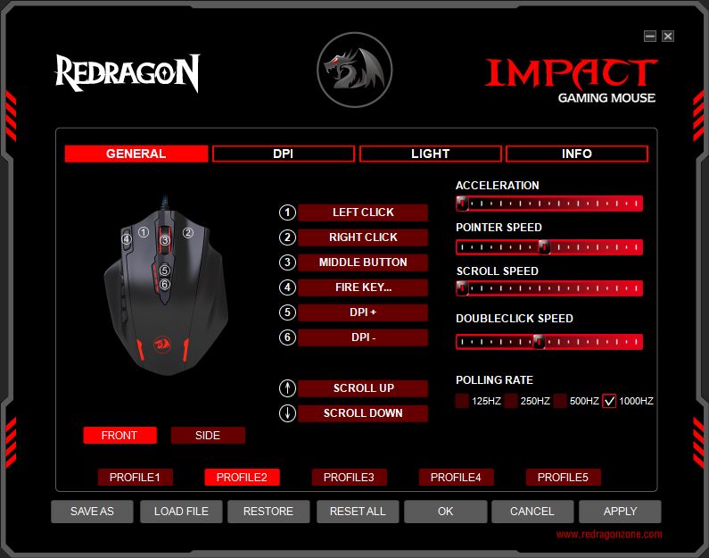 Redragon Impact strona początkowa oprogramowania