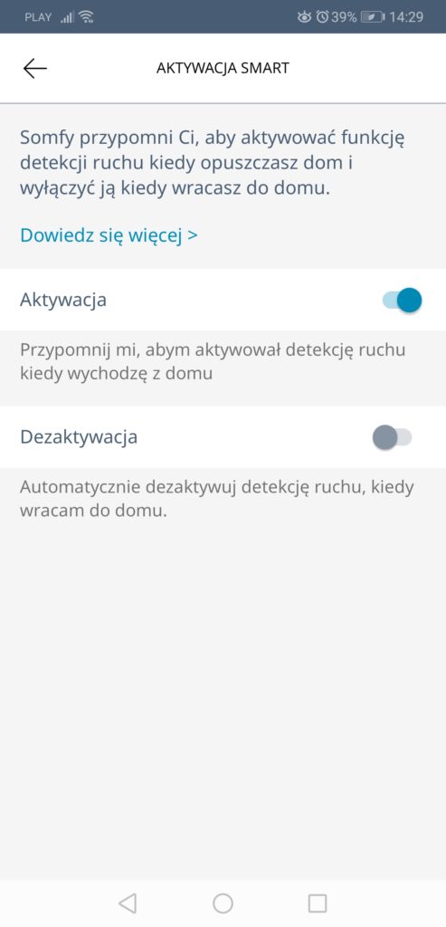 Aktywacja trybu smart w aplikacji Somfy Protect