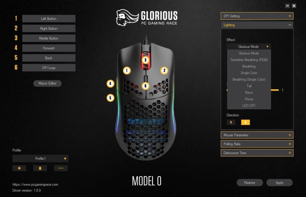Glorious PC Gaming Race Model O oprogramowanie zmiana podświetlenia myszki