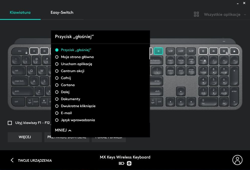 Logitech Options strona główna klawiatury i zmiana przycisków w oprogramowaniu