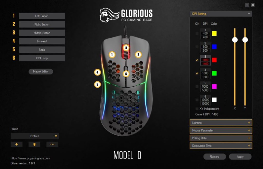 Glorious PC Gaming Race Model D główna strona oprogramowania zmiana DPI