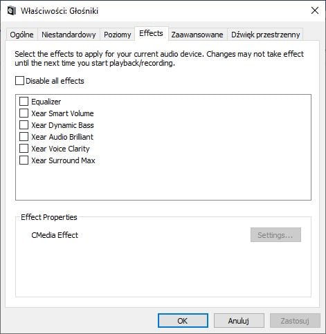 Patriot Viper V380 ustawienia efektów słuchawek w systemie Windows 10