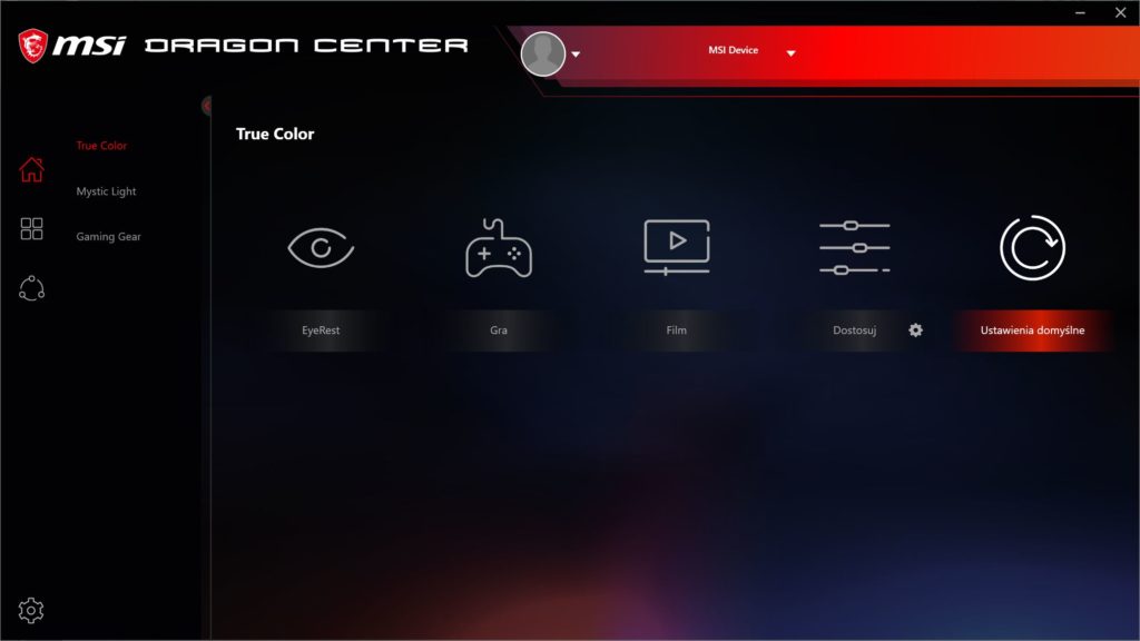 Dragon Center True Color funkcje ekranu