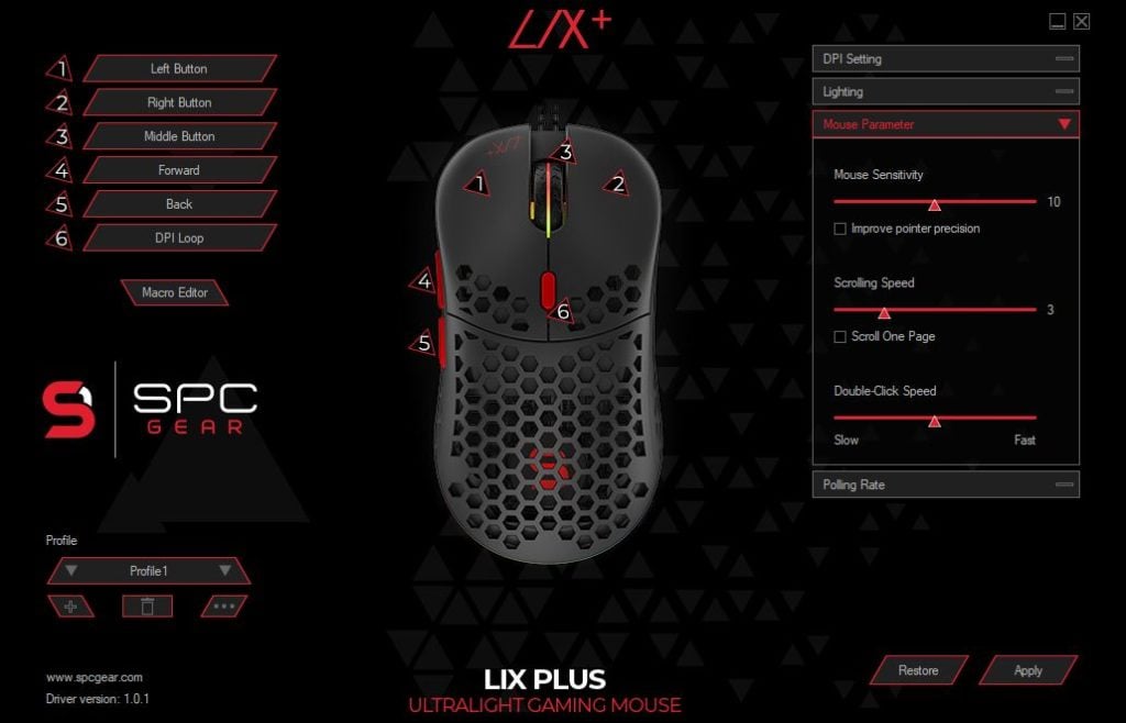 SPC Gear Lix Plus Oprogramowanie zmiana parametrów myszy