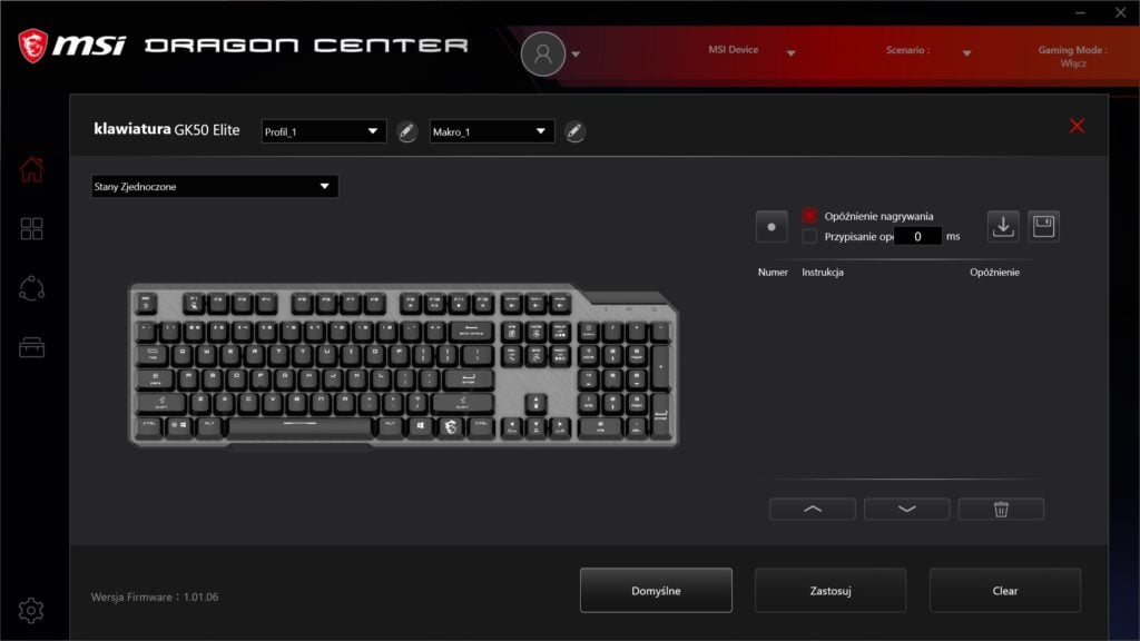 Dragon Center GK50 Elite ustawienia klawiatury zarządzanie makrami