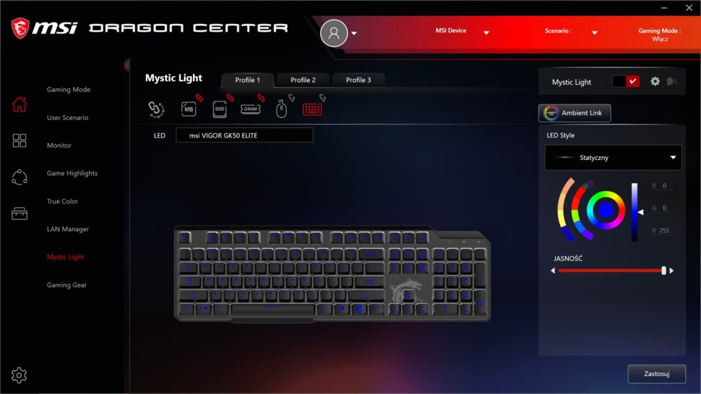 Dragon Center GK50 Elite ustawienia podświetlenia i jasności