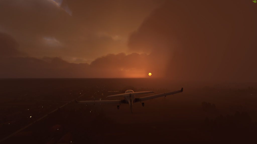 Screenshot Microsoft Flight Simulator 2020 zachód słońca i deszcz