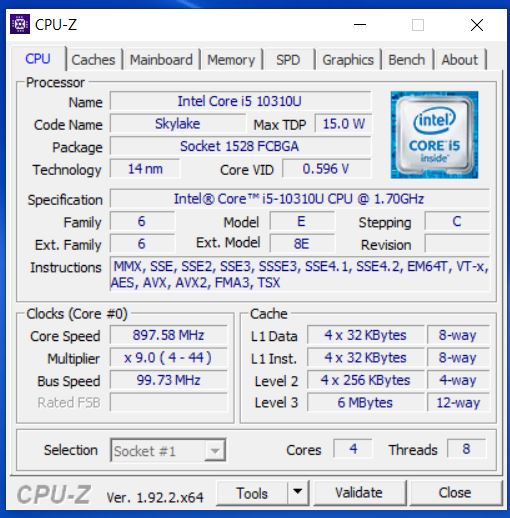 Dell Latitude 3510 CPU-Z procesor