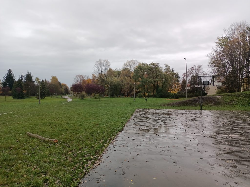 mokre boisko do koszykówki (betonowe), zielony trawnik, w oddali drzewa