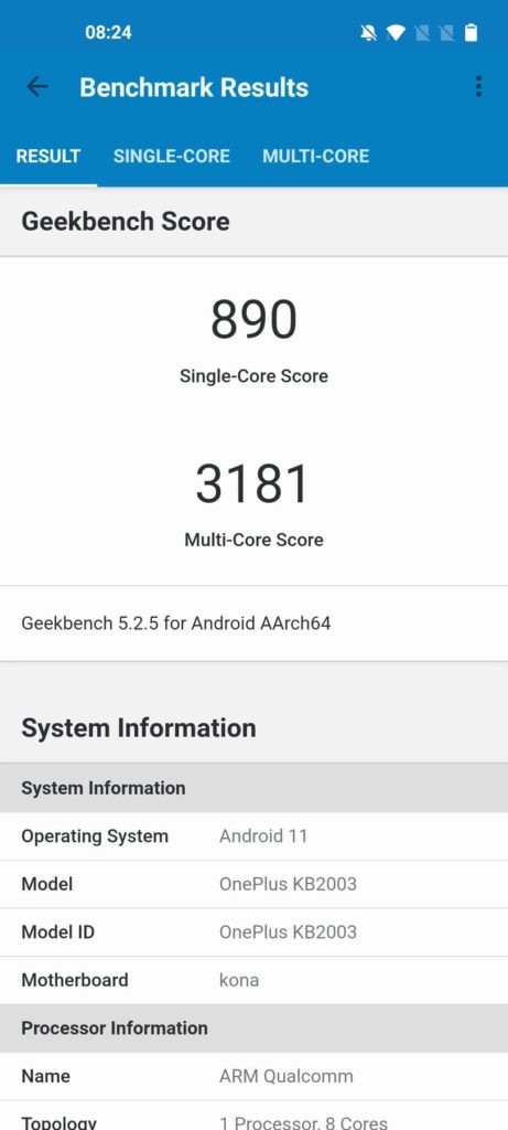 OnePlus 8T Geekbench score