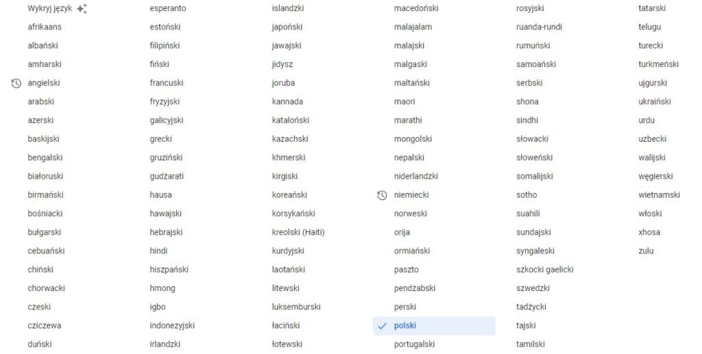 Tłumacz Google - lista języków
