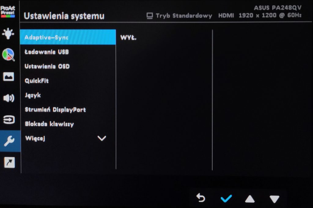 ASUS ProArt PA248QV menu ustawienia systemu