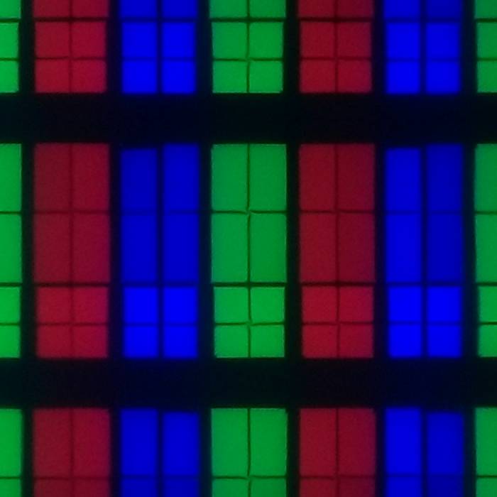 matryca telewizora sony 65xh9096 - piksele zielony, niebieski, czerwony, każdy podzielony na sześć mniej
