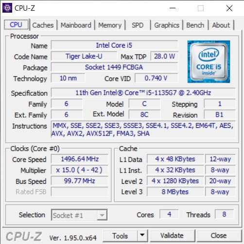 CPU-Z informacje MSI Prestige 14Evo