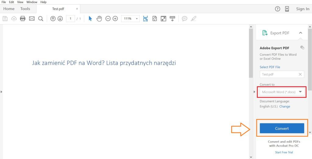 konwertowanie PDF do Word w Adobe Acrobat