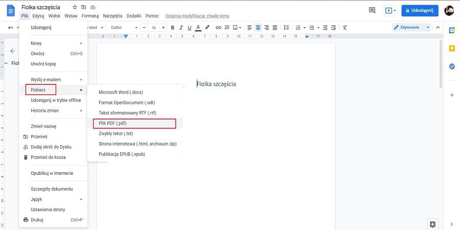 Konwertowanie PDF do Word w programie Dokumenty Google