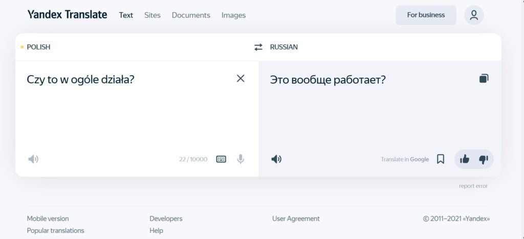 Yandex translate