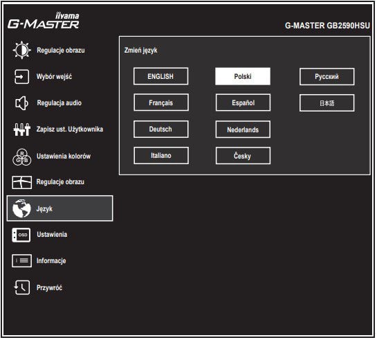 Iiyama G-Master GB2590HSU Gold Phoenix menu funkcja jezyk