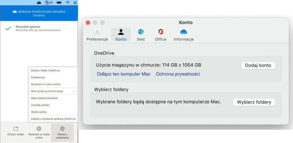Menu ustawień OneDrive na MacOS