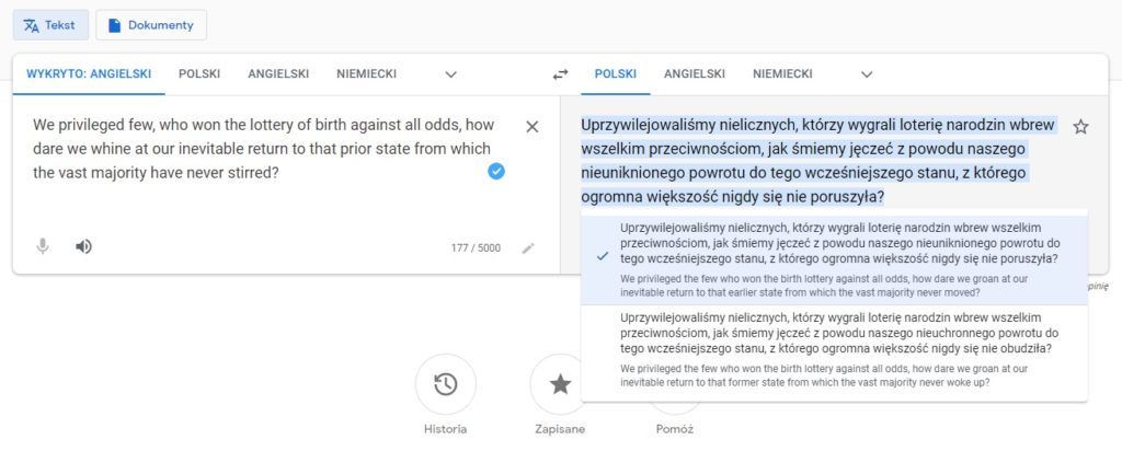 Google Translate opcje korekty