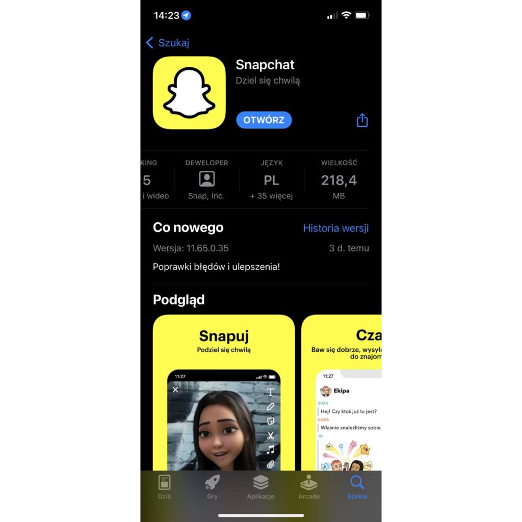 Aplikacja Snapchat w App Store