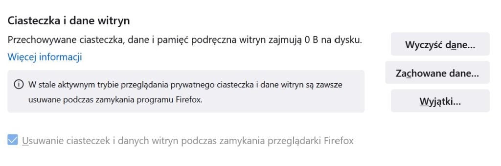 Firefox usuwanie ciasteczek i danych witryn