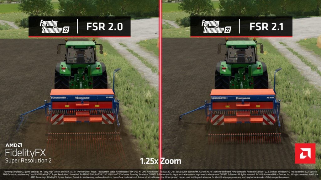 porównanie graficzne fsr 2.1 vs 2.0 w farming simulator 22