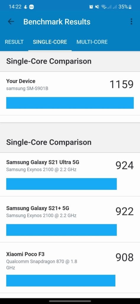 Galaxy S22 benchmark singlecore