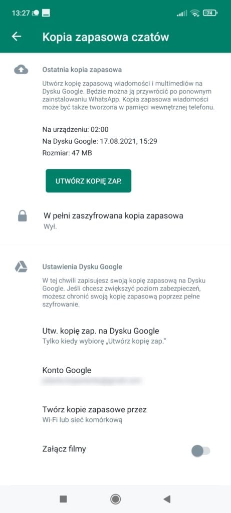 Ustawienia WhatsApp kopia zapasowa Android