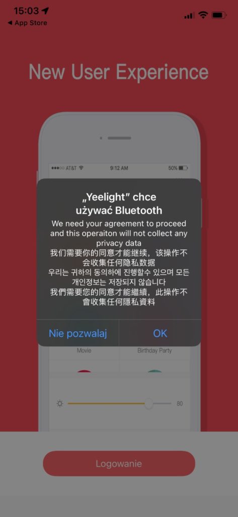 Aplikacja Yeelight komunikat po chińsku