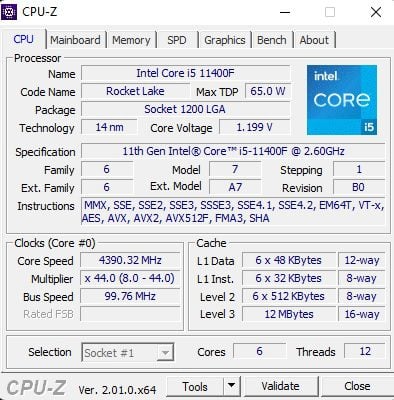 specyfikacja procesora i5-11400f komputera element plus w cpu-z