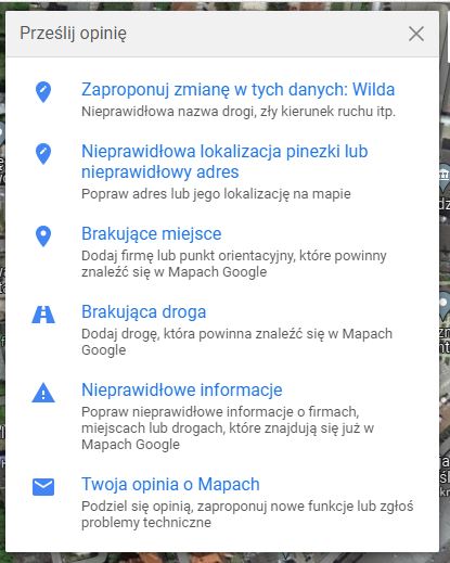Mapy Google problemy możliwe do zgłoszenia