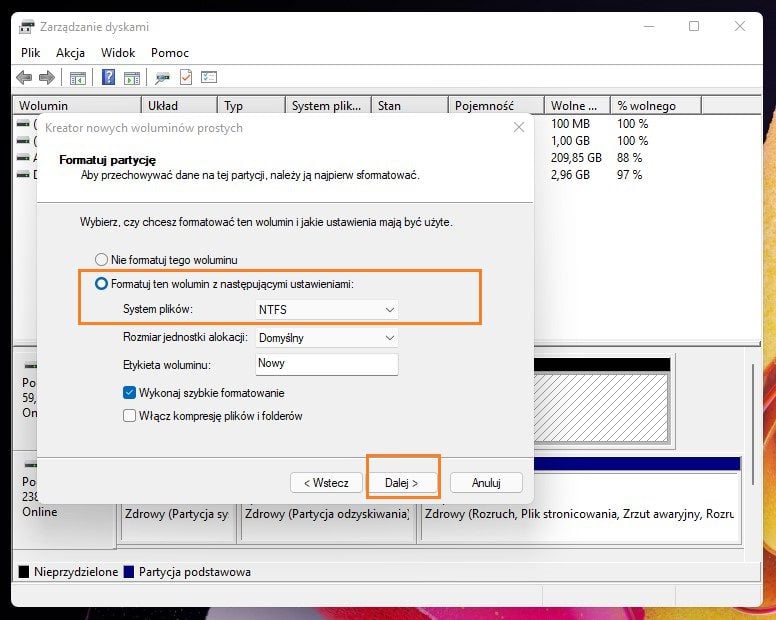 Tworzenie partycji Windows 11 formatuj wolumin