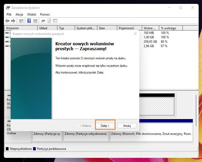 Tworzenie partycji Windows 11 kreator prostych woluminów