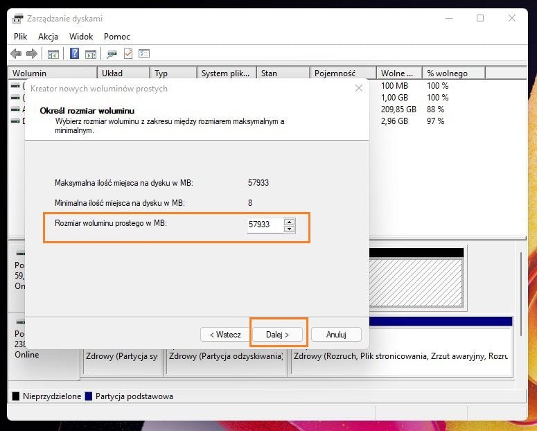 Tworzenie partycji Windows 11 określ rozmiar woluminu