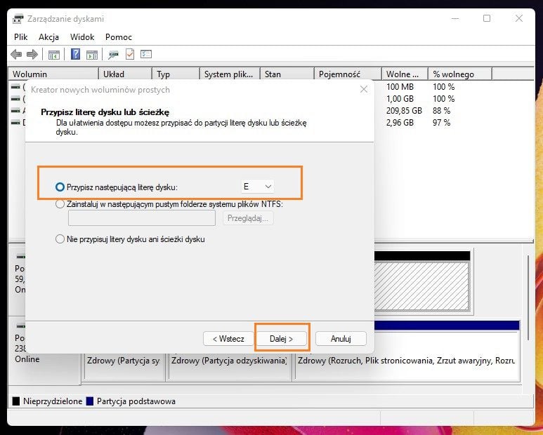 Tworzenie partycji Windows 11 nazwij dysk