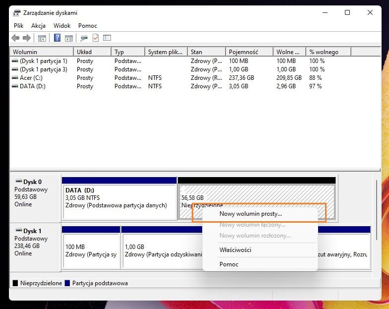 Tworzenie partycji Windows 11 nowy wolumin prosty