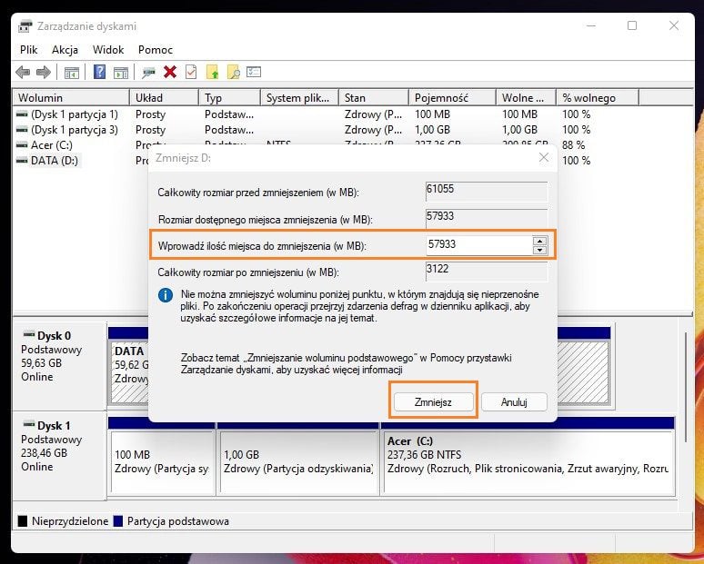 Tworzenie partycji Windows 11 zmniejsz wolumin