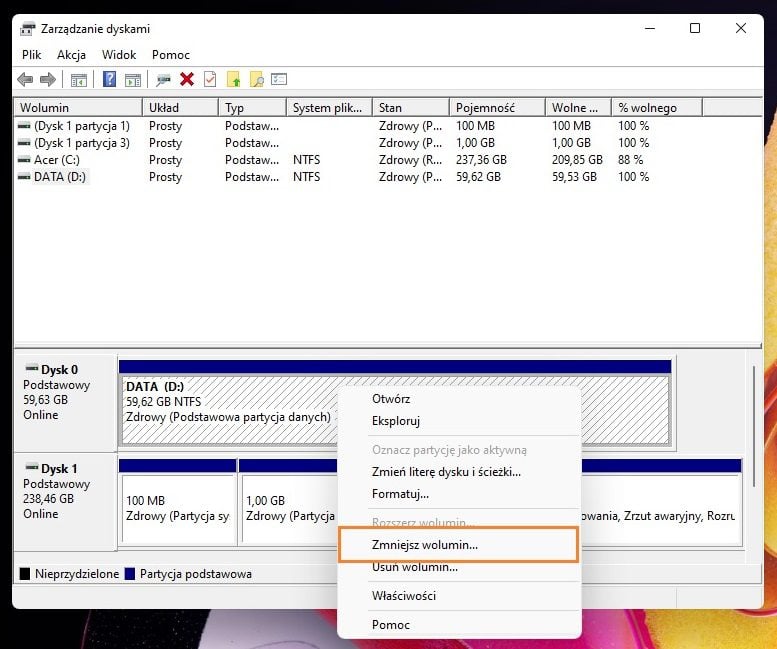 Tworzenie partycji Windows 11 zmniejszanie woluminu