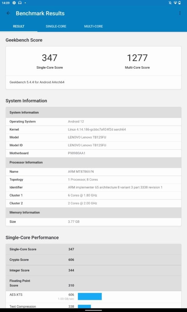 Lenovo Tab M10 Plus 3 gen. Geekbench 5