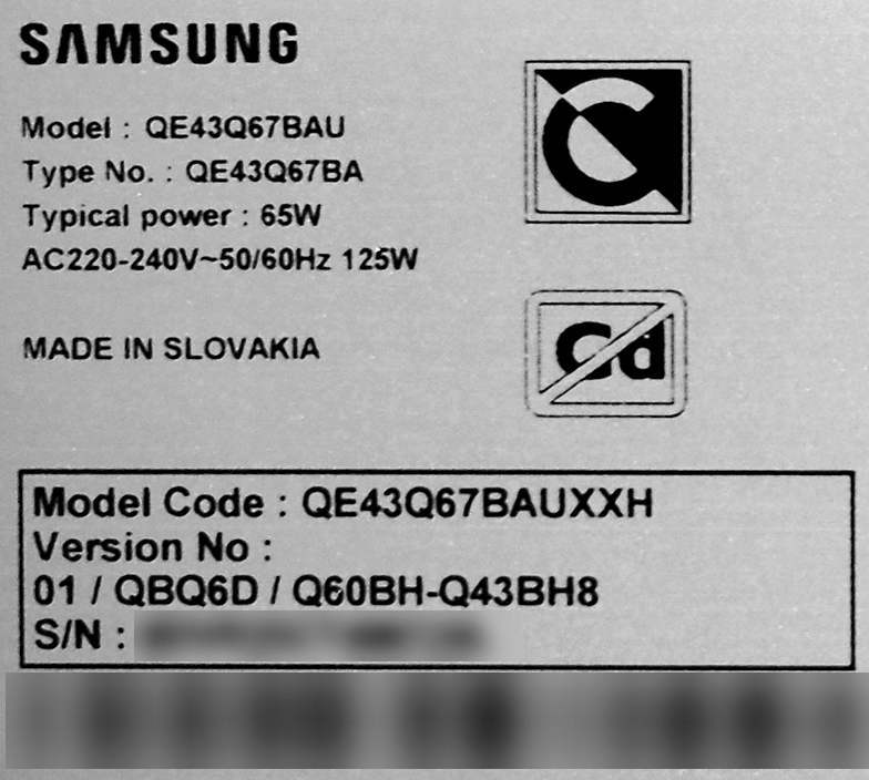 nalepka znamionowa Samsunga 43Q67B