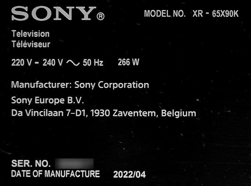 Tabliczka znamionowa Sony 65X90K