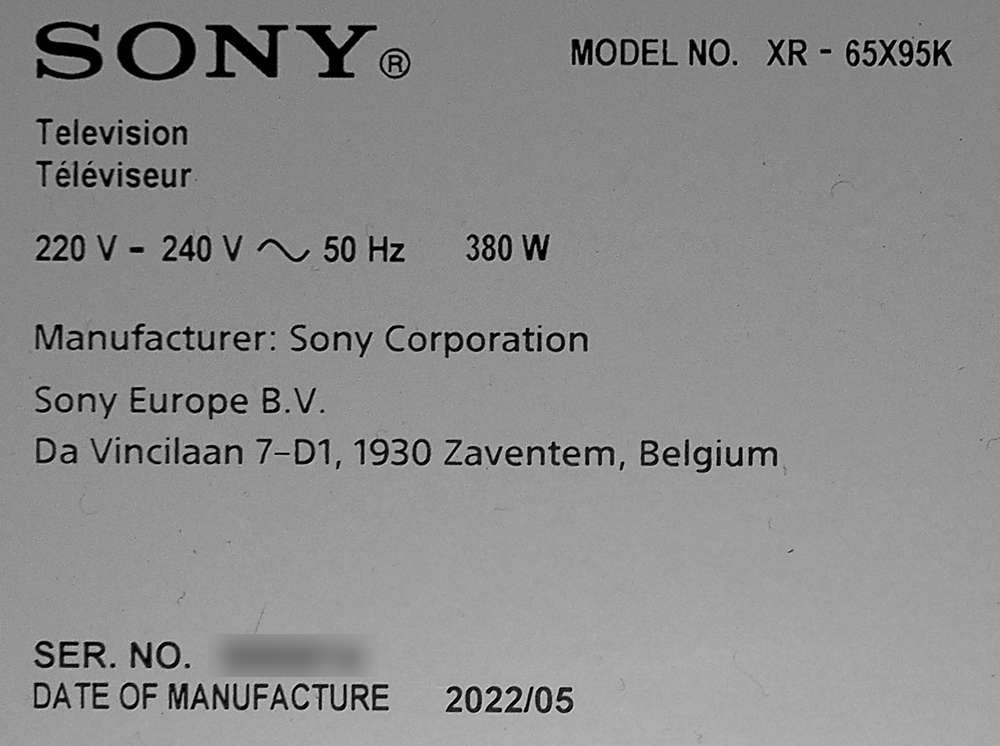 Tabliczka znamionowa Sony 65X95K
