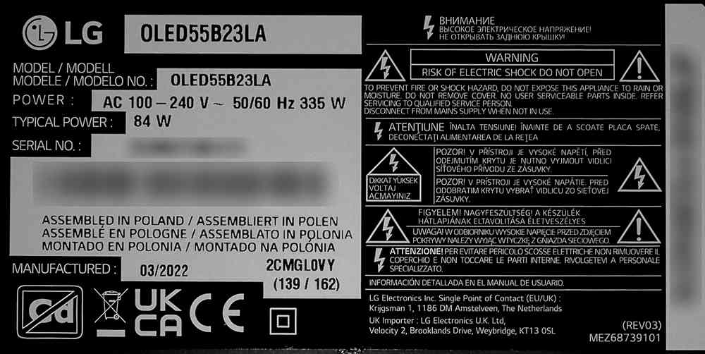 Tabliczka znamionowa LG OLED55B2