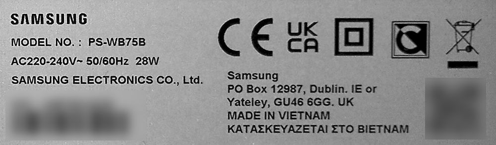 Tabliczka znamionowa subwoofera Samsung HW-Q700B