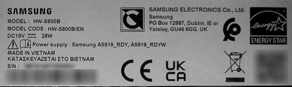 Tabliczka znamionowa Samsung WH-S800B