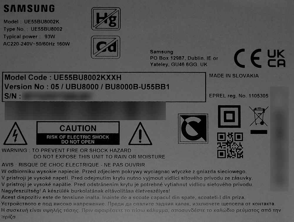 Tabliczka znamionowa Samsung 55BU8002