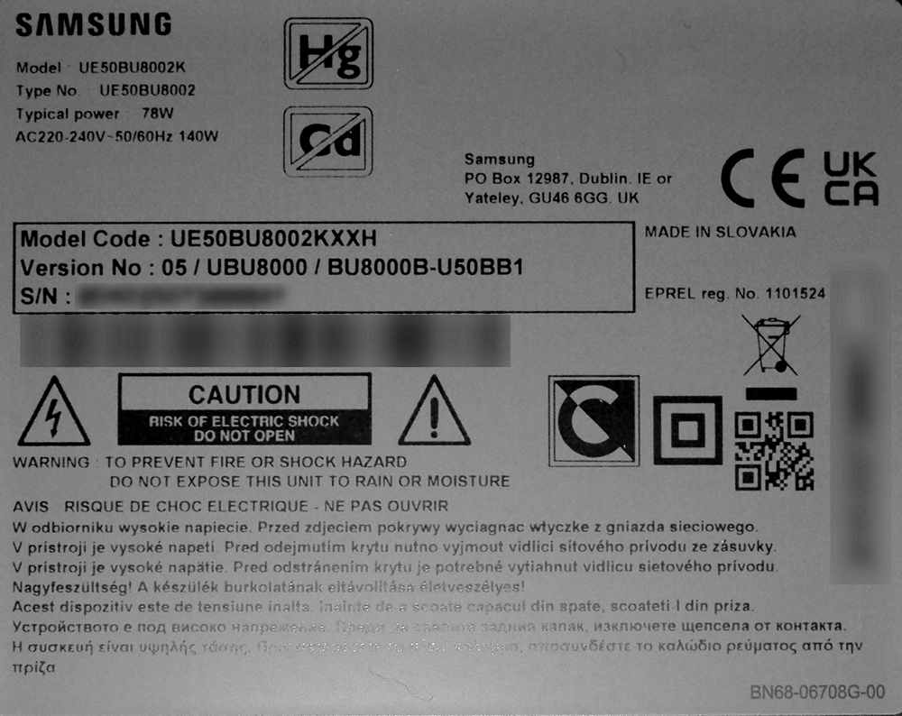 Tabliczka znamionowa Samsung 50BU8002